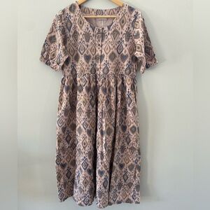 Bohemian Print Button Down Soft Lilac Linen Cotton Blend Midi Shirt Dress